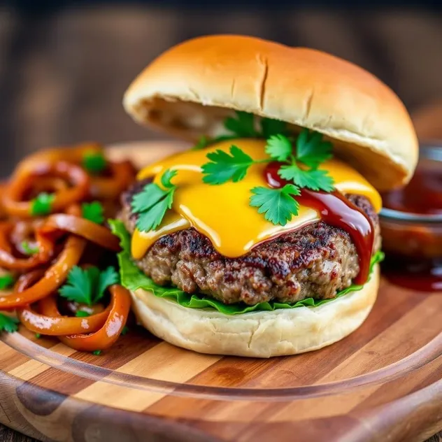 Bison Burger with Caramelized Onions and Cheddar Cheese