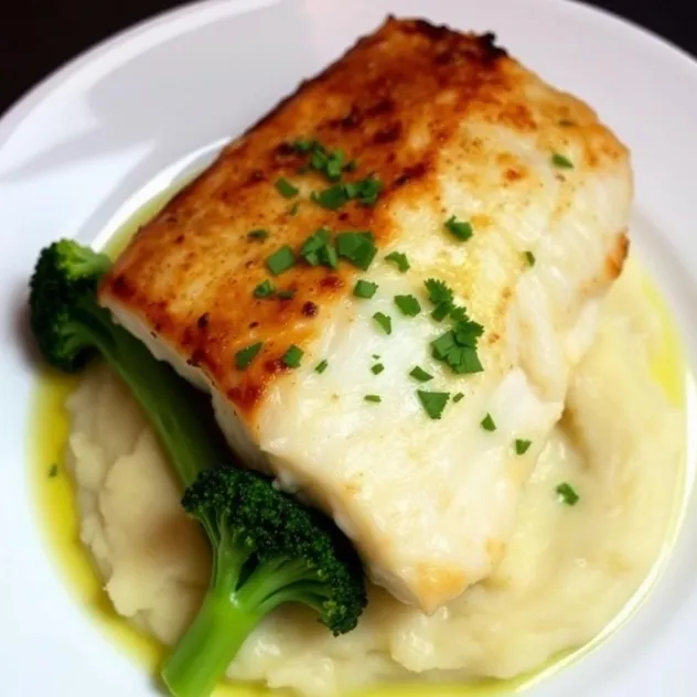 Pan-Seared Bacalao with Garlic Mashed Potatoes and Steamed Broccoli