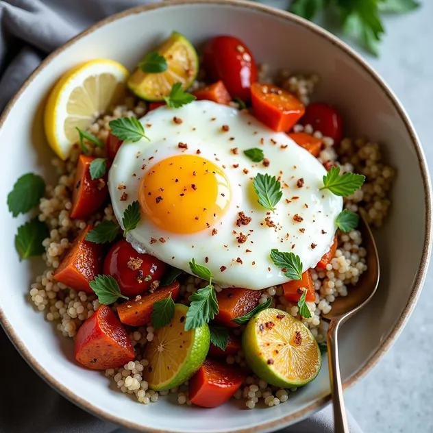 Savory Breakfast Quinoa Bowl with Vegetables and Poached Egg