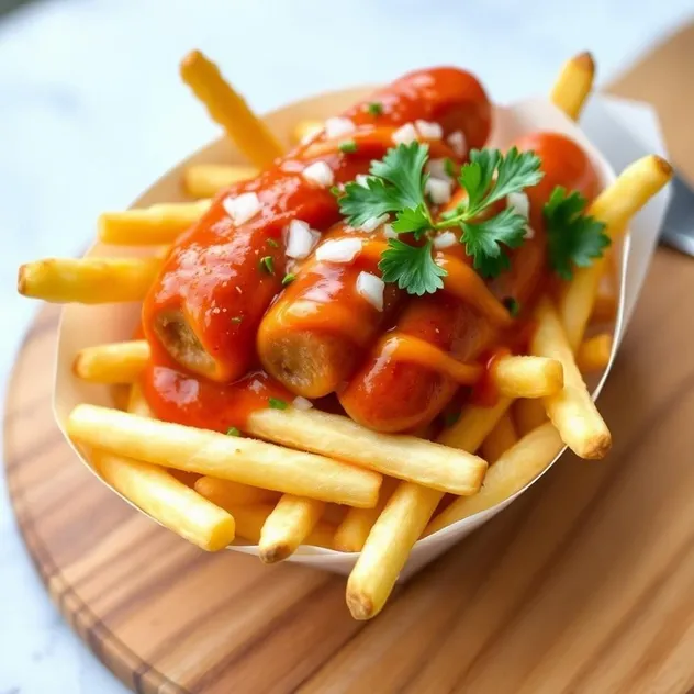 Traditional German Currywurst with Fries