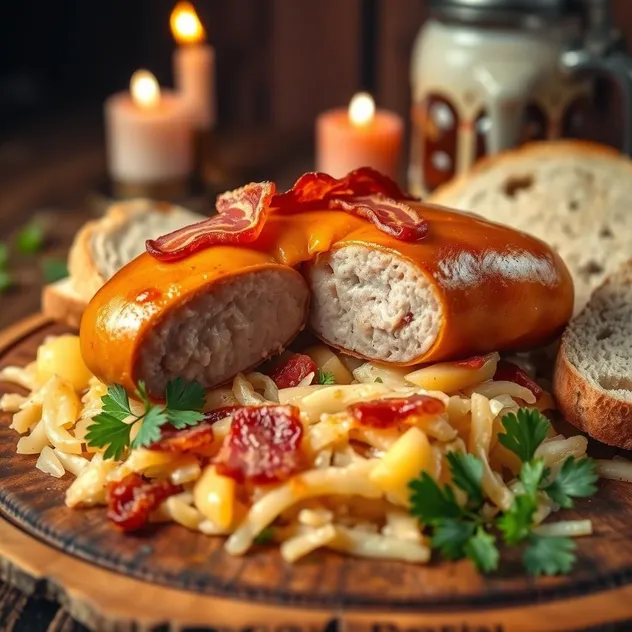 Sautéed German Sausages with Bacon and Apple Sauerkraut