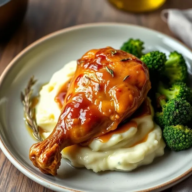 Braised Chicken Confit with Garlic Mashed Potatoes and Steamed Broccoli