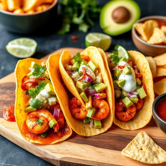 Shrimp Tacos with Avocado Slaw and Lime Crema