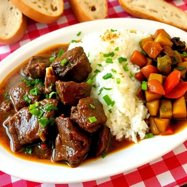 Haitian Griot with Rice and Vegetables