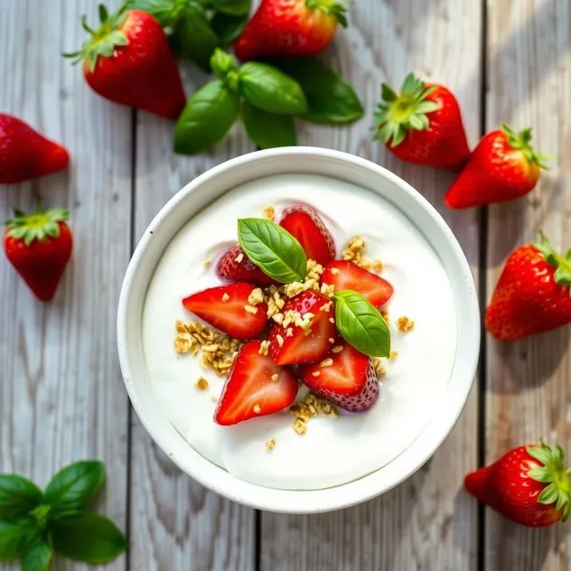 Roasted Strawberry and Basil Yogurt Bowl