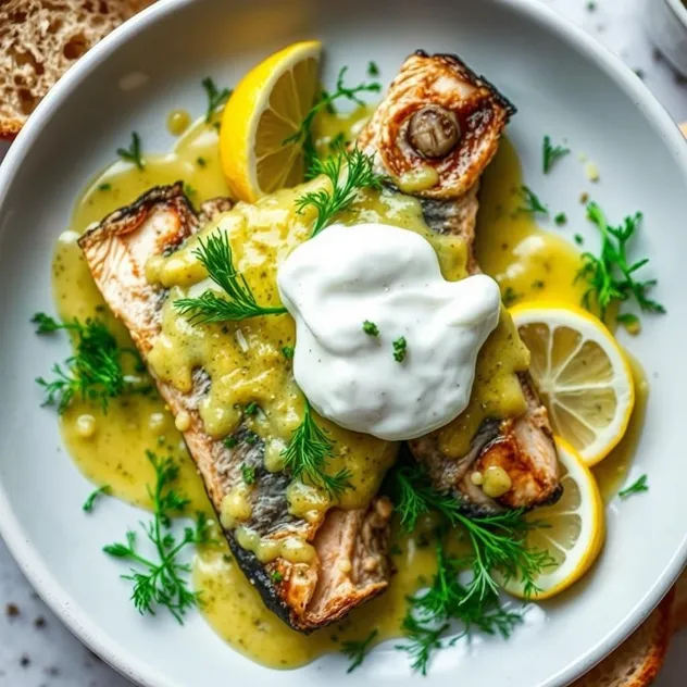 Pan-Seared Lemon Dill Grilled Sardines with Garlic Cream Sauce