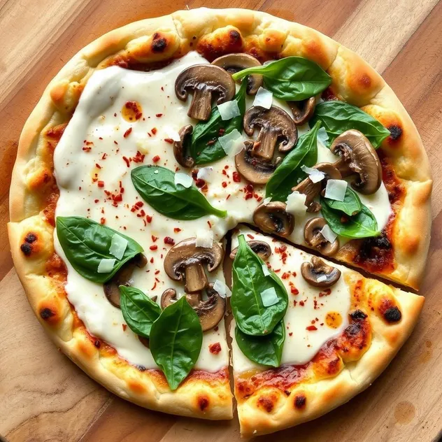 Mushroom Spinach Alfredo Pizza