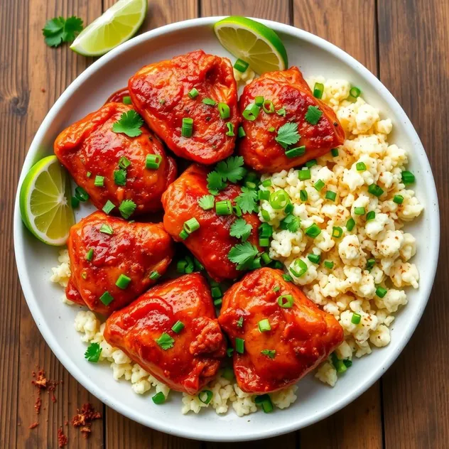 Paleo Spicy Chicken Thighs with Cauliflower Rice